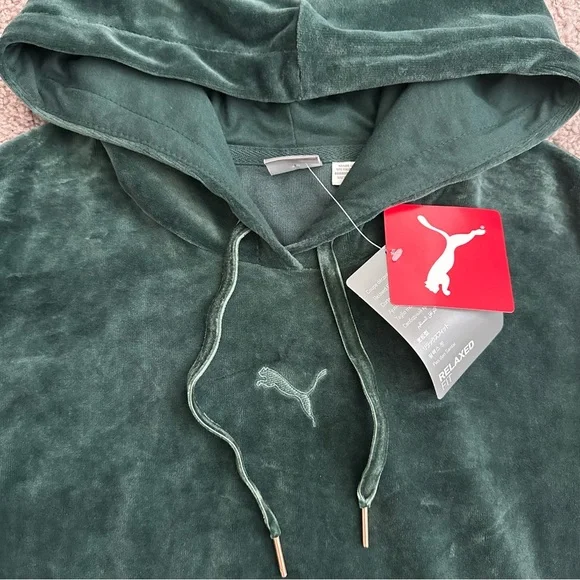 Puma Deep Green Velour Hoodie Logo Embroidered Womens S - Picture 9 of 14